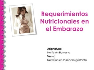 Requerimientos
Nutricionales en
 el Embarazo


  Asignatura:
  Nutrición Humana
  Tema:
  Nutrición en la madre gestante
 