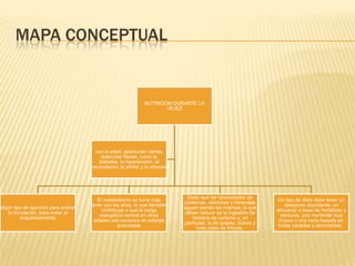 MAPA CONCEPTUAL

NUTRICION DURANTE LA
VEJEZ

con la edad, aparezcan ciertas
dolencias físicas, como la
diabetes, la hipertensión, el
reumatismo, la artritis y la artrosis

algún tipo de ejercicio para activar
la circulación, para evitar el
anquilosamiento

El metabolismo se torna más
lento con los años, lo que también
contribuye a que la carga
energética normal en otras
edades sea excesiva en edades
avanzadas

Dado que las necesidades de
proteínas, vitaminas y minerales
siguen siendo las mismas, lo que
deben reducir es la ingestión de
hidratos de carbono y, en
particular, la de grasas, dulces y
toda clase de frituras.

Un tipo de dieta debe tener un
desayuno abundante, un
almuerzo a base de hortalizas y
verduras, una merienda muy
liviana y una cena basada en
frutas variadas y abundantes.

 