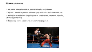 Dieta post-competencia
 Recuperar adecuadamente las reservas energéticas corporales
 Ayudar a rehidratar (bebidas isotónicas, jugo de frutas o agua mineral sin gas)
 Favorecer el anabolismo corporal ( rica en carbohidratos, media en proteínas,
vitaminas y minerales)
 Se aconseja comer cada 3 horas en volúmenes pequeños.
 