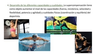 4. Desarrollo de las diferentes capacidades y cualidades: La supercompensación tiene
como objeto aumentar el nivel de las capacidades (fuerza, resistencia, velocidad y
flexibilidad, potencia y agilidad) y cualidades físicas (coordinación y equilibrio) del
deportista.
 