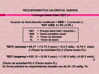 *EDT( varones) = 66.47 + (13.75 X peso) + (5.0 X talla) - (6.76 X edad)
X (Factor de Actividad-FA) X (Factor lesión-FL).
*EDT (mujeres) = 655.10 + (9.56 X peso) + (1.85 X talla) -(4.68 X edad)
X
(Factor de actividad-FA) X (Factor lesión-FL).
En forma práctica los requerimientos basales son de 25 -35 cal/kg. Pc.
REQUERIMIENTOS CALÒRICOS DIARIOS
= Energía Diaria Total ( EDT ) =
Ecuación de Harris-Benedict modificada = GEB + ( corrección ) :
*EDT =GEB X ( FA ) X (FL )
* EDT = Energía diaria total ( requerida ) :
GEB = Gasto energético basal;
FA = Factor de actividad;
FL = Factor de lesión;
 