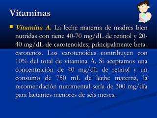 VitaminasVitaminas
 Vitamina A.Vitamina A. La leche materna de madres bienLa leche materna de madres bien
nutridas con tiene 40-70 mg/dL de retinol y 20-nutridas con tiene 40-70 mg/dL de retinol y 20-
40 mg/dL de carotenoides, principalmente beta-40 mg/dL de carotenoides, principalmente beta-
carotenos. Los carotenoides contribuyen concarotenos. Los carotenoides contribuyen con
10% del total de vitamina A. Si aceptamos una10% del total de vitamina A. Si aceptamos una
concentración de 40 mg/dL de retinol y unconcentración de 40 mg/dL de retinol y un
consumo de 750 mL de leche materna, laconsumo de 750 mL de leche materna, la
recomendación nutrimental sería de 300 mg/díarecomendación nutrimental sería de 300 mg/día
para lactantes menores de seis meses.para lactantes menores de seis meses.
 