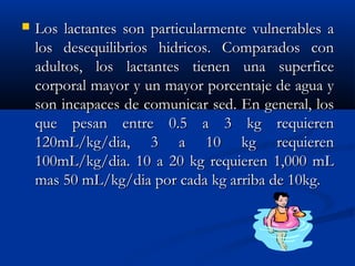  Los lactantes son particularmente vulnerables aLos lactantes son particularmente vulnerables a
los desequilibrios hidricos. Comparados conlos desequilibrios hidricos. Comparados con
adultos, los lactantes tienen una superficeadultos, los lactantes tienen una superfice
corporal mayor y un mayor porcentaje de agua ycorporal mayor y un mayor porcentaje de agua y
son incapaces de comunicar sed. En general, losson incapaces de comunicar sed. En general, los
que pesan entre 0.5 a 3 kg requierenque pesan entre 0.5 a 3 kg requieren
120mL/kg/dia, 3 a 10 kg requieren120mL/kg/dia, 3 a 10 kg requieren
100mL/kg/dia. 10 a 20 kg requieren 1,000 mL100mL/kg/dia. 10 a 20 kg requieren 1,000 mL
mas 50 mL/kg/dia por cada kg arriba de 10kg.mas 50 mL/kg/dia por cada kg arriba de 10kg.
 
