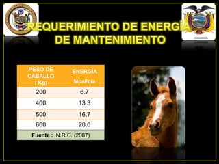PESO DE
CABALLO
( Kg)

ENERGÍA

200

6.7

400

13.3

500

16.7

600

20.0

Mcal/día

Fuente : N.R.C. (2007)

 