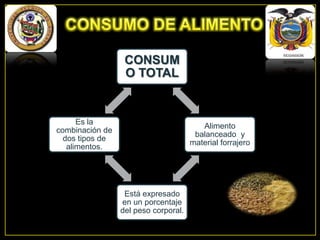 CONSUM
O TOTAL

Es la
combinación de
dos tipos de
alimentos.

Alimento
balanceado y
material forrajero

Está expresado
en un porcentaje
del peso corporal.

 