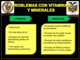 VITAMINAS

Vitamina D3
Es mas tóxica de D2
Excesos de vitaminas
liposolubles pueden ser
tóxicos.
 No mejoran los
rendimientos productivos.

MINERALES
El exceso causan problemas
de toxicidades.
Excesos de Fe puede causar
la muerte a los caballos.
Excesos de calcio predispone
al problema de osteocondrosis.
Excesos de fósforo produce
deformación en la cara y patas.

 