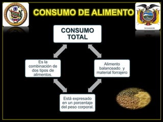 CONSUMO
TOTAL

Es la
combinación de
dos tipos de
alimentos.

Alimento
balanceado y
material forrajero

Está expresado
en un porcentaje
del peso corporal.

 