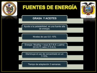 GRASA Y ACEITES
Ayuda a la palatabilidad, es una fuente alta
de energía.

Niveles de uso 0,5 -10%

Energía Mcal/kg = soya (8,7-8,9 ); palma
(8,5-8,7); sebo (7,5-8,0).
Disminuye el uso de concentrado en un
7-15%.

Tiempo de adaptación 3 semanas.

 
