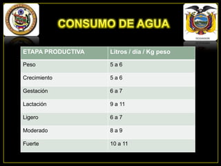 ETAPA PRODUCTIVA

Litros / día / Kg peso

Peso

5a6

Crecimiento

5a6

Gestación

6a7

Lactación

9 a 11

Ligero

6a7

Moderado

8a9

Fuerte

10 a 11

 
