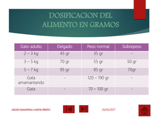 26/05/2017ANGIE SAMANTHA CANDIL PRIETO
DOSIFICACION DEL
ALIMENTO EN GRAMOS
Gato adulto Delgado Peso normal Sobrepeso
2 – 3 kg 45 gr 35 gr -
3 – 5 kg 70 gr 55 gr 50 gr
5 – 7 kg 95 gr 85 gr 70gr
Gata
amamantando
- 120 – 190 gr -
Gata - 70 – 100 gr -
 