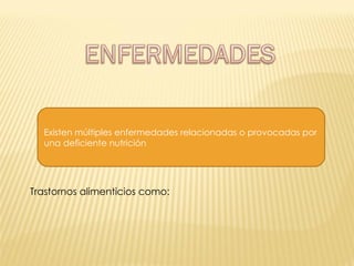 Existen múltiples enfermedades relacionadas o provocadas por una deficiente nutrición Trastornos alimenticios como: 