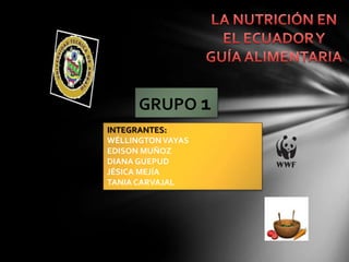 LA NUTRICIÓN EN EL ECUADOR Y GUÍA ALIMENTARIA GRUPO 1 INTEGRANTES: WÉLLINGTON VAYAS EDISON MUÑOZ DIANA GUEPUD JÉSICA MEJÍA TANIA CARVAJAL 