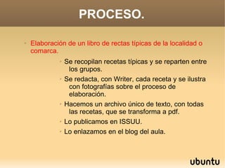 PROCESO.

➢   Elaboración de un libro de rectas típicas de la localidad o
    comarca.
             ➢   Se recopilan recetas típicas y se reparten entre
                  los grupos.
             ➢   Se redacta, con Writer, cada receta y se ilustra
                  con fotografías sobre el proceso de
                  elaboración.
             ➢   Hacemos un archivo único de texto, con todas
                  las recetas, que se transforma a pdf.
             ➢   Lo publicamos en ISSUU.
             ➢   Lo enlazamos en el blog del aula.
 