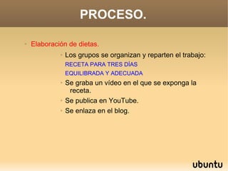 PROCESO.

➢   Elaboración de dietas.
             ➢   Los grupos se organizan y reparten el trabajo:
                 RECETA PARA TRES DÍAS
                 EQUILIBRADA Y ADECUADA
             ➢   Se graba un vídeo en el que se exponga la
                  receta.
             ➢   Se publica en YouTube.
             ➢   Se enlaza en el blog.
 