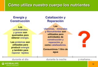 12
Energía y
Construcción
¿
durante el día durante la noche y mañana...
Los
carbohidratos
y grasas son
quemados para
obtener energía.
Las proteínas son
utilizadas para
producir energía
y también para
reponer tejidos
Las
vitaminas, minerales
y fitonutrientes son
utilizados para
actividades de
construcción y
reparación, y
como catalizadores.
Consumimos 1 litro de
agua
Catalización y
Reparación
Cómo utiliza nuestro cuerpo los nutrientes
 