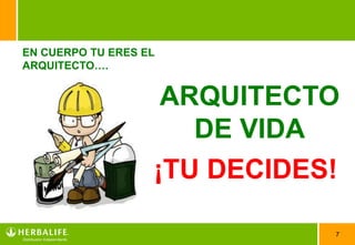 7
EN CUERPO TU ERES EL
ARQUITECTO….
ARQUITECTO
DE VIDA
¡TU DECIDES!
 