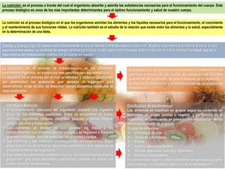La nutrición: es el proceso a través del cual el organismo absorbe y asimila las substancias necesarias para el funcionamiento del cuerpo. Este 
proceso biológico es unos de los más importantes determinantes para el óptimo funcionamiento y salud de nuestro cuerpo. 
La nutrición es el proceso biológico en el que los organismos asimilan los alimentos y los líquidos necesarios para el funcionamiento, el crecimiento 
y el mantenimiento de sus funciones vitales. La nutrición también es el estudio de la relación que existe entre los alimentos y la salud, especialmente 
en la determinación de una dieta. 
Comida y Energía Vital: El cuerpo toma básicamente de los alimentos la energía esencial para vivir. Nuestro organismo la consume al llevar a cabo 
sus funciones vitales. La cantidad de energía mínima para llevar a cabo esas funciones está determinada por el índice metabólico basal, que es la 
tasa mínima del metabolismo medida con el cuerpo en reposo 
La digestión: es el proceso de transformación de los alimentos, 
previamente ingeridos, en sustancias más sencillas para ser absorbidos. 
La digestión es un proceso por el cual se obtienen y elaboran (para poder 
ser absorbidas) las sustancias que necesita el organismo para 
desarrollarse; luego de ello, se desechan ciertos elementos residuales de 
esas sustancias. 
El metabolismo: es el conjunto de procesos y transformaciones 
químicas a través de las cuales se renuevan las diversas 
sustancias del organismo. Se activa después de la digestión, y 
se basa en la reabsorción y la transformación de las sustancias 
alimenticias 
Una Buena Nutrición: 
 El funcionamiento adecuado del organismo requiere una ingestión 
diaria de los nutrientes esenciales. Éstos se encuentran en frutas, 
verduras, legumbres, cereales integrales, pescado y carnes magras, 
aceites, semillas y frutos secos. 
 Los nutrientes se dividen en dos grupos: los macro y los 
micronutrientes. Los primeros aportan energía y se requieren a diario en 
grandes cantidades. Son las proteínas, los glúcidos y lípidos. 
 Las vitaminas y los minerales constituyen los micronutrientes. Están 
presentes en los alimentos en pequeñas cantidades y son decisivos en 
el funcionamiento del organismo. 
 Casi todos los alimentos contienen macro y micronutrientes en diversa 
proporción. Una dieta saludable y equilibrada consiste en comer una 
amplia variedad de alimentos. 
Clasificación de los Alimentos: 
Los alimentos se clasifican en grupos según su contenido en 
nutrientes, su origen (animal o vegetal), y su función en el 
organismo. A continuación se presenta una clasificación de los 
alimentos en forma de pirámide. 
Grupos de alimentos: 
 Cereales y féculas 
 Verduras y hortalizas 
 Frutas 
 Leche y derivados lácteos 
 Carnes, pescados, huevos y legumbres 
 Aceites y frutos secos 
Es conveniente ingerir a diario alimentos de estos seis grupos 
para conseguir un equilibrio adecuado en la alimentación. 
 