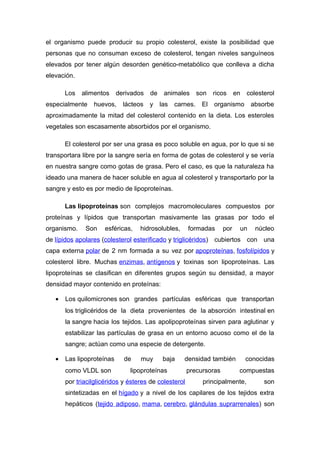 el organismo puede producir su propio colesterol, existe la posibilidad que 
personas que no consuman exceso de colesterol, tengan niveles sanguíneos 
elevados por tener algún desorden genético-metabólico que conlleva a dicha 
elevación. 
Los alimentos derivados de animales son ricos en colesterol 
especialmente huevos, lácteos y las carnes. El organismo absorbe 
aproximadamente la mitad del colesterol contenido en la dieta. Los esteroles 
vegetales son escasamente absorbidos por el organismo. 
El colesterol por ser una grasa es poco soluble en agua, por lo que si se 
transportara libre por la sangre sería en forma de gotas de colesterol y se vería 
en nuestra sangre como gotas de grasa. Pero el caso, es que la naturaleza ha 
ideado una manera de hacer soluble en agua al colesterol y transportarlo por la 
sangre y esto es por medio de lipoproteínas. 
Las lipoproteínas son complejos macromoleculares compuestos por 
proteínas y lípidos que transportan masivamente las grasas por todo el 
organismo. Son esféricas, hidrosolubles, formadas por un núcleo 
de lípidos apolares (colesterol esterificado y triglicéridos) cubiertos con una 
capa externa polar de 2 nm formada a su vez por apoproteínas, fosfolípidos y 
colesterol libre. Muchas enzimas, antígenos y toxinas son lipoproteínas. Las 
lipoproteínas se clasifican en diferentes grupos según su densidad, a mayor 
densidad mayor contenido en proteínas: 
· Los quilomicrones son grandes partículas esféricas que transportan 
los triglicéridos de la dieta provenientes de la absorción intestinal en 
la sangre hacia los tejidos. Las apolipoproteínas sirven para aglutinar y 
estabilizar las partículas de grasa en un entorno acuoso como el de la 
sangre; actúan como una especie de detergente. 
· Las lipoproteínas de muy baja densidad también conocidas 
como VLDL son lipoproteínas precursoras compuestas 
por triacilglicéridos y ésteres de colesterol principalmente, son 
sintetizadas en el hígado y a nivel de los capilares de los tejidos extra 
hepáticos (tejido adiposo, mama, cerebro, glándulas suprarrenales) son 
 