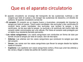 Que es el aparato circulatorio
El aparato circulatorio se encarga del transporte de las sustancias nutritivas y del
    oxígeno por todo el cuerpo y de recoger las sustancias de desecho y el dióxido de
    carbono. El aparato circulatorio consta de:
- El corazón: El corazón es un órgano hueco y musculoso, encargado de impulsar la
    sangre por todo el cuerpo. Tiene cuatro cavidades: dos aurículas y dos ventrículos El
    corazón tiene cuatro cavidades: dos aurículas, que reciben la sangre; y dos
    ventrículos, de los que sale la sangre. La aurícula y el ventrículo del mismo lado del
    corazón están comunicados por una válvula. Por fuera el corazón está protegido por
    un tejido muy resistente llamado pericardio.
- Los vasos sanguíneos: Los vasos sanguíneos son conductos en forma de tubo por
    donde circula la sangre por todo el cuerpo. Son de tres tipos:
• Arterias: Las arterias son los vasos sanguíneos que conducen la sangre que sale
    del corazón.
• Venas: Las venas son los vasos sanguíneos que llevan la sangre desde los tejidos
    hasta el corazón.
• Capilares: Los capilares son vasos sanguíneos cortos y finos que unen las arterias y
    las venas y llegan a todas las partes de nuestro cuerpo.
 