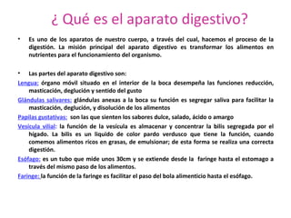 ¿ Qué es el aparato digestivo?
•   Es uno de los aparatos de nuestro cuerpo, a través del cual, hacemos el proceso de la
    digestión. La misión principal del aparato digestivo es transformar los alimentos en
    nutrientes para el funcionamiento del organismo.

• Las partes del aparato digestivo son:
Lengua: órgano móvil situado en el interior de la boca desempeña las funciones reducción,
    masticación, deglución y sentido del gusto
Glándulas salivares: glándulas anexas a la boca su función es segregar saliva para facilitar la
    masticación, deglución, y disolución de los alimentos
Papilas gustativas: son las que sienten los sabores dulce, salado, ácido o amargo
Vesícula vilial: la función de la vesícula es almacenar y concentrar la bilis segregada por el
    hígado. La bilis es un liquido de color pardo verdusco que tiene la función, cuando
    comemos alimentos ricos en grasas, de emulsionar; de esta forma se realiza una correcta
    digestión.
Esófago: es un tubo que mide unos 30cm y se extiende desde la faringe hasta el estomago a
    través del mismo paso de los alimentos.
Faringe: la función de la faringe es facilitar el paso del bola alimenticio hasta el esófago.
 