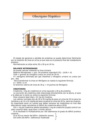El estado de ganancia o pérdida de proteínas se puede determinar fácilmente
por la medición de Urea en orina ya que esta es el producto final del metabolismo
proteico.
  Normalmente se sitúa entre 20 a 30 g en 24 hs.

  BALANCE NITROGENADO
  Se puede calcular midiendo la Urea Urinaria
  Balance Nitrogenado = (grs. De proteína ingerida/6.25) - (UUN + 4)
  UUN = gramos de nitrógeno ureico en orina de 24 hs.
  4= nitrógeno eliminado por gas intestinal y nitrógeno urinario no ureico (en
grs.. día)
   Para transformar la Urea en Nitrógeno se realiza la siguiente fórmula.
  U = BUN x 2.14
  Si tenemos valores de Urea de 30 g = 14 gramos de Nitrógeno.

   CREATININA
   Creatinina: 1mg de creatinina en orina equivale a 20 g de proteína.
   La excreción de creatinina está relacionada directamente con la altura, el sexo
y la edad por lo tanto se utiliza la siguiente formula:
   Peso corporal ideal (Kg) x 23 mg de Creatina.
   Los valores normales son de 20 a 26 mg/Kg de peso en orina de 24 hs para los
hombres y de 14 a 22 mg/Kg de peso corporal en orina de 24 hs. para las mujeres.
Es importante tener en cuenta que deben tomarse las mediciones en tres días
alternativos luego calculamos el déficit de creatinina-altura (ICA)
   ICA = mg de creatinina (atleta estudiado) / mg de creatinina (sujeto control con
peso corporal ideal, igual sexo y similar altura)
   Si al resultado lo multiplicamos por 100 obtenemos el grado de déficit proteico
corporal.
   Si la ICA es menor del 60%= depleción severa.
   ICA entre 60-80%= deficiencia moderada
 