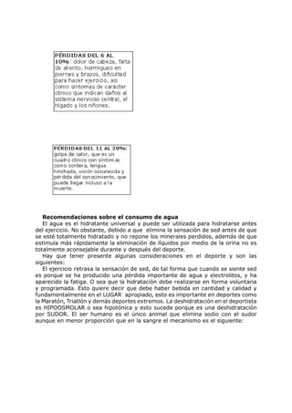 Recomendaciones sobre el consumo de agua
   El agua es el hidratante universal y puede ser utilizada para hidratarse antes
del ejercicio. No obstante, debido a que elimina la sensación de sed antes de que
se esté totalmente hidratado y no repone los minerales perdidos, además de que
estimula más rápidamente la eliminación de líquidos por medio de la orina no es
totalmente aconsejable durante y después del deporte.
   Hay que tener presente algunas consideraciones en el deporte y son las
siguientes:
   El ejercicio retrasa la sensación de sed, de tal forma que cuando se siente sed
es porque se ha producido una pérdida importante de agua y electrolitos, y ha
aparecido la fatiga. O sea que la hidratación debe realizarse en forma voluntaria
y programada. Esto quiere decir que debe haber bebida en cantidad y calidad y
fundamentalmente en el LUGAR apropiado, esto es importante en deportes como
la Maratón, Triatlón y demás deportes extremos. La deshidratación en el deportista
es HIPOOSMOLAR o sea hipotónica y esto sucede porque es una deshidratación
por SUDOR. El ser humano es el único animal que elimina sodio con el sudor
aunque en menor proporción que en la sangre el mecanismo es el siguiente:
 