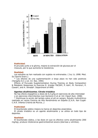Publicidad:
  El piruvato junto a la glicina, mejora la extracción de glucosa por el
  músculo, por lo que aumenta la resistencia.

  Realidad:
  Los estudios se han realizado con sujetos no entrenados. ( Ivy J.L 1998. Med.
Sci Sports Exerc.)
  * Los efectos de una suplementación a largo plazo no han sido positivos
(Yanagha S.C y col. Cir. Res. 1995)
  Effects of Pyruvate Supplementation During Training on Body Composition
& Metabolic Responses to Exercise R. Kreider FACSM¹, P. Koh¹, M. Ferreira¹, P.
Cowan¹, and A. Almada². Department of HMS

  Agentes alcalinizantes. Citrato trisódico
  No hay efecto ergogénico a dosis de 0,3 g/kg en ejercicios de alta intensidad
  o en ejercicios intermitentes (van-Someren K et al. Int J Sport Nutr. 1998)
  * Disminuye la acción del lactato sobre el pH en sangre. Estudio multicéntrico
realizado en varios Centros de Alto Rendimiento en España (C.A.R. Xan Cugat-
C.A.R. Infanta Cristina de Murcia...)

  Publicidad:
  El bicarbonato sódico mejora la marca en deportes anaerobios.
  El citrato trisódico es un agente alcalinizante y se utiliza en todo tipo de
deportes.

  Realidad:
  El bicarbonato sódico, a las dosis en que es efectivo como alcalinizante (300
mg/kg), produce intolerancia gastrointestinal severa (diarreas y vómitos).
 