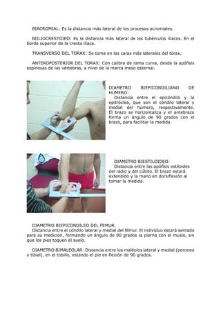 BIACROMIAL: Es la distancia más lateral de los procesos acromiales.

  BIILIOCRESTIDEO: Es la distancia más lateral de los tubérculos iliacos. En el
borde superior de la cresta ilíaca.

  TRANSVERSO DEL TORAX: Se toma en las caras más laterales del tórax.

  ANTEROPOSTERIOR DEL TORAX: Con calibre de rama curva, desde la apófisis
espinosas de las vértebras, a nivel de la marca meso esternal.



                                         DIAMETRO        BIEPICONDILIANO       DE
                                         HUMERO:
                                            Distancia entre el epicóndilo y la
                                         epitróclea, que son el cóndilo lateral y
                                         medial del húmero, respectivamente.
                                         El brazo se horizontaliza y el antebrazo
                                         forma un ángulo de 90 grados con el
                                         brazo, para facilitar la medida.




                                           DIAMETRO BIESTILOIDEO:
                                           Distancia entre las apófisis estiloides
                                         del radio y del cúbito. El brazo estará
                                         extendido y la mano en dorsiflexión al
                                         tomar la medida.




  DIAMETRO BIEPICONDILEO DEL FEMUR:
  Distancia entre el cóndilo lateral y medial del fémur. El individuo estará sentado
para su medición, formando un ángulo de 90 grados la pierna con el muslo, sin
que los pies toquen el suelo.

   DIAMETRO BIMALEOLAR: Distancia entre los maléolos lateral y medial (peroneo
y tibial), en el tobillo, estando el pie en flexión de 90 grados.
 