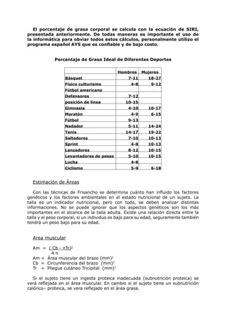 El porcentaje de grasa corporal se calcula con la ecuación de SIRI,
presentada anteriormente. De todas maneras es importante el uso de
la informática para obviar todos estos cálculos, personalmente utilizo el
programa español AYS que es confiable y de bajo costo.


             Porcentaje de Grasa Ideal de Diferentes Deportes

                                           Hombres      Mujeres
                  Básquet                       7-11      18-27
                  Físico culturismo               4-8      9-12
                  Fútbol americano
                  Defensores                    7-12
                  posición de línea            10-15
                  Gimnasia                      4-10      10-17
                  Maratón                         4-9      6-15
                  Fútbol                        9-13
                  Nadador                       5-11      14-24
                  Tenis                        14-17      19-22
                  Saltadores                    7-10      10-13
                  Sprint                          4-8     10-13
                  Lanzadores                    8-12      10-15
                  Levantadores de pesas         5-10      10-15
                  Lucha                           4-8
                  Ciclismo                        5-9      6-18


  Estimación de Áreas

   Con las técnicas de Frisancho se determina cuánto han influido los factores
genéticos y los factores ambientales en el estado nutricional de un sujeto. La
talla es un indicador nutricional, pero con todo, se deben analizar distintas
informaciones. No se puede ignorar que los aspectos genéticos son los más
importantes en el alcance de la talla adulta. Existe una relación directa entre la
talla y el peso corporal, si un individuo es bajo para su edad, seguramente también
tendrá un peso bajo para su edad.


  Area muscular

  Am = ( Cb - πTr)2
         4π
  Am = Área muscular del brazo (mm)2
  Cb = Circunferencia del brazo (mm)2
  Tr = Pliegue cutáneo Tricipital (mm)2

   Si el sujeto tiene un ingesta proteica inadecuada (subnutrición proteica) se
verá reflejada en el área muscular. En cambio si el sujeto tiene un subnutrición
calórico– proteica, se vera reflejado en el área grasa.
 