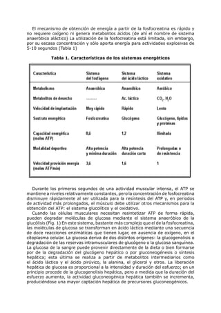 El mecanismo de obtención de energía a partir de la fosfocreatina es rápido y
no requiere oxígeno ni genera metabolitos ácidos (de ahí el nombre de sistema
anaeróbico aláctico) La utilización de la fosfocreatina está limitada, sin embargo,
por su escasa concentración y sólo aporta energía para actividades explosivas de
5-10 segundos (Tabla 1)

            Tabla 1. Características de los sistemas energéticos




   Durante los primeros segundos de una actividad muscular intensa, el ATP se
mantiene a niveles relativamente constantes, pero la concentración de fosfocreatina
disminuye rápidamente al ser utilizada para la resíntesis del ATP y, en periodos
de actividad más prolongados, el músculo debe utilizar otros mecanismos para la
obtención del ATP: el sistema glucolítico y el oxidativo.
   Cuando las células musculares necesitan resintetizar ATP de forma rápida,
pueden degradar moléculas de glucosa mediante el sistema anaeróbico de la
glucólisis (Fig. 1) En este sistema, bastante más complejo que el de la fosfocreatina,
las moléculas de glucosa se transforman en ácido láctico mediante una secuencia
de doce reacciones enzimáticas que tienen lugar, en ausencia de oxígeno, en el
citoplasma celular. La glucosa deriva de dos distintos orígenes: la glucogenolisis o
degradación de las reservas intramusculares de glucógeno o la glucosa sanguínea.
La glucosa de la sangre puede provenir directamente de la dieta o bien formarse
por de la degradación del glucógeno hepático o por gluconeogénesis o síntesis
hepática; esta última se realiza a partir de metabolitos intermediarios como
el ácido láctico y el ácido pirúvico, la alanina, el glicerol y otros. La liberación
hepática de glucosa es proporcional a la intensidad y duración del esfuerzo; en un
principio procede de la glucogenolisis hepática, pero a medida que la duración del
esfuerzo aumenta, la actividad gluconeogénica hepática también se incrementa,
produciéndose una mayor captación hepática de precursores gluconeogénicos.
 