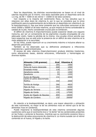 Para los deportistas, las distintas recomendaciones se basan en el nivel de
calorías requerido por el mismo. Una dosis razonable para un deportista sería de
1,5 mg. de RE = 5000 UI de retinol = 15000 UI de beta-caroteno.
   Con respecto a la mejoría del rendimiento físico, no hay estudios que lo
relacione con altas dosis de vitamina A, por lo que se considera que la única
justificación para la suplementación de la dieta de un deportista con vitamina A, es
la hipovitaminosis A. Hay que tener presente que los culturistas consumen al día
entre 20000 y 50000 UI de esta vitamina, ya que mejora en forma considerable la
calidad de la piel, hecho considerado crucial para la exhibición.
   El déficit de vitamina A (hipovitaminosis) puede ocasionar desde una ceguera
nocturna, por ser un componente de los pigmentos visuales encargados de una
adecuada visión, hasta la pérdida de la misma. Una prueba clínica sencilla que
hace sospechar que se está ante la presencia de un déficit de esta vitamina es la
mala adaptación a la oscuridad.
   En los niños, puede repercutir en su crecimiento máximo e inclusive alterar su
desarrollo psicomotor.
   También se ha observado que su deficiencia predispone a infecciones
respiratorias y gastrointestinales.
   El exceso de esta vitamina (hipervitaminosis) produce distintos trastornos,
como alteraciones óseas, dolores articulares, inflamación y hemorragias en
diversos tejidos.


              Alimento (100 gramos)               Kcal   Vitamina A
              Anguilas                             205         1000
              Yema de huevo desecada               668         1060
              Ensalada mixta                       118         1071
              Zanahoria cocida                      21         1260
              Zanahoria                             33         1333
              Zumo de Majuela                      131          2000
              Leche en polvo descremada
              Molfino                              359          2000

              Tortilla de Acelga                   266          4820
              Pate de Foie                         453          8300
              Hígado de Ternera                    140         10000
              Hígado de Cerdo                      135         17595
              Aceite de Hígado de Bacalao          899         18000
              Hígado de Cordero                    132         20000


   En relación a la biodisponibilidad, es decir, una mayor absorción y utilización
de este nutrimento, es mejor la de los alimentos ricos en retinol que la de los
alimentos ricos en carotenos.
   Puede mejorarse la biodisponibilidad de esta vitamina conociendo algunas
cuestiones como que el cocimiento leve o “al dente” de los carotenoides presentes
en las frutas y verduras la favorece, mientras que su cocimiento excesivo lleva a
la destrucción de estos precursores de vitamina A. Lo mismo sucede con el retinol
contenido en el huevo, el hígado y la leche.
 