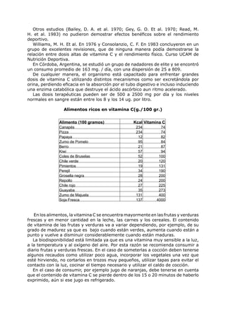Otros estudios (Bailey, D. A. et al. 1970; Gey, G. O. Et al. 1970; Read, M.
H. et al. 1983) no pudieron demostrar efectos benéficos sobre el rendimiento
deportivo.
   Williams, M. H. Et al. En 1976 y Consolanzio, C. F. En 1983 concluyeron en un
grupo de excelentes revisiones, que de ninguna manera podía demostrarse la
relación entre dosis altas de vitamina C y el rendimiento físico. Curso UCAM de
Nutrición Deportiva.
   En Córdoba, Argentina, se estudió un grupo de nadadores de elite y se encontró
un consumo promedio de 163 mg. / día, con una dispersión de 25 a 809.
   De cualquier manera, el organismo está capacitado para enfrentar grandes
dosis de vitamina C utilizando distintos mecanismos como ser excretándola por
orina, perdiendo eficacia en la absorción por el tubo digestivo e incluso induciendo
una enzima catabólica que destruye el ácido ascórbico aun ritmo acelerado.
   Las dosis terapéuticas pueden ser de 500 a 2500 mg por día y los niveles
normales en sangre están entre los 8 y los 14 ug. por litro.

                 Alimentos ricos en vitamina C(g./100 gr.)


               Alimento (100 gramos)                Kcal Vitamina C
               Canapés                               234         74
               Pizza                                 234         74
               Papaya                                 12         82
               Zumo de Pomelo                         95         84
               Berro                                  21         87
               Kiwi                                   57         94
               Coles de Bruselas                      52        100
               Chile verde                            20        120
               Pimientos                              19        131
               Perejil                                34        190
               Grosella negra                         28        200
               Repollo                                24        200
               Chile rojo                             27        225
               Guayaba                                35        273
               Zumo de Majuela                       131        400
               Soja Fresca                           137       4000



   En los alimentos, la vitamina C se encuentra mayormente en las frutas y verduras
frescas y en menor cantidad en la leche, las carnes y los cereales. El contenido
de vitamina de las frutas y verduras va a variar dependiendo, por ejemplo, de su
grado de madurez ya que es bajo cuando están verdes, aumenta cuando están a
punto y vuelve a disminuir considerablemente cuando están maduras.
   La biodisponibilidad está limitada ya que es una vitamina muy sensible a la luz,
a la temperatura y al oxígeno del aire. Por esta razón se recomienda consumir a
diario frutas y verduras frescas. En el caso de someterlas a cocción deben tenerse
algunos recaudos como utilizar poco agua, incorporar los vegetales una vez que
esté hirviendo, no cortarlos en trozos muy pequeños, utilizar tapas para evitar el
contacto con la luz, cocinar el tiempo necesario y utilizar el caldo de cocción.
   En el caso de consumir, por ejemplo jugo de naranjas, debe tenerse en cuenta
que el contenido de vitamina C se pierde dentro de los 15 o 20 minutos de haberlo
exprimido, aún si ese jugo es refrigerado.
 