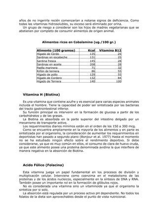 años de no ingerirla recién comenzarían a notarse signos de deficiencia. Como
todas las vitaminas hidrosolubles, su exceso será eliminado por orina.
  Un grupo de riesgo a considerar son los hijos de madres vegetarianas que se
abstienen por completo de consumir alimentos de origen animal.


               Alimentos ricos en Cobalamina (ug./100 gr.)

            Alimento (100 gramos)              Kcal   Vitamina B12
            Hígado de Cerdo                     135                25
            Sardinas en escabeche               131                25
            Sardina fresca                      145                28
            Sardinas en aceite                  208                28
            Paella marinera                      71                32
            Riñón de ternera                     86                55
            Hígado de pollo                     129                55
            Hígado de Cordero                   132                84
            Hígado de Ternera                   140               100




  Vitamina H (Biotina)

   Es una vitamina que contiene azufre y es esencial para varias especies animales
incluida el hombre. Tiene la capacidad de poder ser sintetizada por las bacterias
del tracto gastrointestinal inferior.
   Su función principal es intervenir en la formación de glucosa a partir de los
carbohidratos y de las grasas.
   La Biotina es absorbida en la parte superior del intestino delgado por un
mecanismo de transporte activo.
   Los requerimientos diarios mínimos están en el orden de los 150 a 300 mcg.
   Como se encuentra ampliamente en la mayoría de los alimentos y en parte es
sintetizada por el organismo, la consideración de aumentar los requerimientos en
deportistas han pasado a segundo plano (Bonjour et al. 1977) Hasta el momento
no se ha estudiado ningún efecto sobre el rendimiento deportivo. Si debe
considerarse, ya que es muy común en ellos, el consumo de clara de huevo cruda,
ya que este alimento posee una proteína denominada avidina la que interfiere de
manera negativa en la absorción de Biotina.



  Acido Fólico (Folacina)

   Esta vitamina juega un papel fundamental en los procesos de división y
multiplicación celular. Interviene como coenzima en el metabolismo de las
proteínas y de los ácidos nucleicos, especialmente en la síntesis de DNA y RNA.
También posee un importante rol en la formación de glóbulos rojos.
   No es considerada una vitamina sino un vitaminoide ya que el organismo la
sintetiza por si solo.
   La absorción está regulada por un proceso activo pH dependiente. No todos los
folatos de la dieta son aprovechables desde el punto de vista nutricional.
 