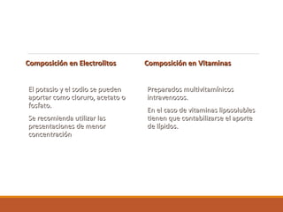 Composición en ElectrolitosComposición en Electrolitos
El potasio y el sodio se puedenEl potasio y el sodio se pueden
aportar como cloruro, acetato oaportar como cloruro, acetato o
fosfato.fosfato.
Se recomienda utilizar lasSe recomienda utilizar las
presentaciones de menorpresentaciones de menor
concentraciónconcentración
Composición en VitaminasComposición en Vitaminas
Preparados multivitamínicosPreparados multivitamínicos
intravenosos.intravenosos.
En el caso de vitaminas liposolublesEn el caso de vitaminas liposolubles
tienen que contabilizarse el aportetienen que contabilizarse el aporte
de lípidos.de lípidos.
 