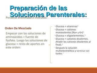 Preparación de lasPreparación de las
Soluciones Parenterales:Soluciones Parenterales:Personal entrenado e instruido.
Orden De Mezclado
Empezar con las soluciones de
aminoácidos + fuente de
fosfato. Luego las soluciones de
glucosa + resto de aportes en
este orden:
◦Glucosa + vitaminas11
◦Glucosa + cationes
monovalentes (Na+ y K+)11
◦Glucosa + oligoelementos.11
◦Glucosa + cationes divalentes.
Añadir los cationes divalentes al
final).11
◦Después la solución
multielectrolítica y terminar con
lípidos.11
 