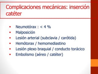 Complicaciones mecánicas: inserción
catéter
 Neumotórax : < 4 %
 Malposición
 Lesión arterial (subclavia / carótida)
 Hemótorax / hemomediastino
 Lesión plexo braquial / conducto torácico
 Embolismo (aéreo / catéter)
 
