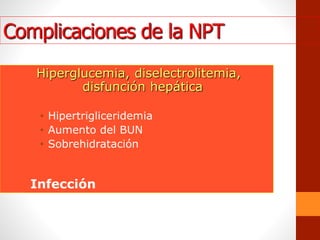 Complicaciones de la NPT
Hiperglucemia, diselectrolitemia,
disfunción hepática
• Hipertrigliceridemia
• Aumento del BUN
• Sobrehidratación
Infección
 