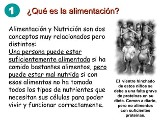 ¿Qué es la alimentación? Alimentación y Nutrición son dos conceptos muy relacionados pero distintos: Una persona puede estar suficientemente alimentada  si ha comido bastantes alimentos,  pero puede estar mal nutrida  si con esos alimentos no ha tomado todos los tipos de nutrientes que necesitan sus células para poder vivir y funcionar correctamente.  El  vientre hinchado de estos niños se debe a una falta grave de proteínas en su dieta. Comen a diario, pero no alimentos con suficientes proteínas. 1 