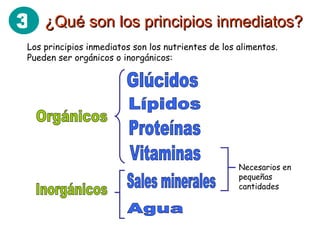 ¿Qué son los principios inmediatos? Los principios inmediatos son los nutrientes de los alimentos. Pueden ser orgánicos o inorgánicos: Orgánicos Inorgánicos Glúcidos Lípidos Proteínas Sales minerales Agua Vitaminas Necesarios en pequeñas cantidades 3 