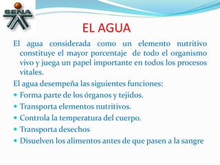 EL AGUA
El agua considerada como un elemento nutritivo
constituye el mayor porcentaje de todo el organismo
vivo y juega un papel importante en todos los procesos
vitales.
El agua desempeña las siguientes funciones:
 Forma parte de los órganos y tejidos.
 Transporta elementos nutritivos.
 Controla la temperatura del cuerpo.
 Transporta desechos
 Disuelven los alimentos antes de que pasen a la sangre
 