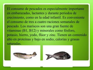 El consumo de pescados es especialmente importante
en embarazadas, lactantes y durante periodos de
crecimiento, como en la edad infantil. Es conveniente
el consumo de tres a cuatro raciones semanales de
pescado. Los mariscos son una gran fuente de
vitaminas (B1, B12) y minerales como fósforo,
potasio, hierro, yodo, flúor y zinc. Tienen un contenido
alto en proteínas y bajo en sodio, calorías y grasas
saturadas.
 