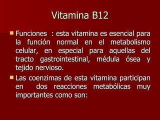Vitamina B12 Funciones  : esta vitamina es esencial para la función normal en el metabolismo celular, en especial para aquellas del tracto gastrointestinal, médula ósea y tejido nervioso. Las coenzimas de esta vitamina participan en  dos reacciones metabólicas muy importantes como son: 