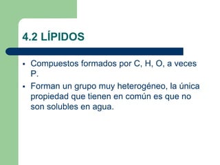 4.2 LÍPIDOS
 Compuestos formados por C, H, O, a veces
P.
 Forman un grupo muy heterogéneo, la única
propiedad que tienen en común es que no
son solubles en agua.
 
