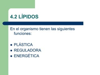 4.2 LÍPIDOS
En el organismo tienen las siguientes
funciones:
 PLÁSTICA
 REGULADORA
 ENERGÉTICA
 