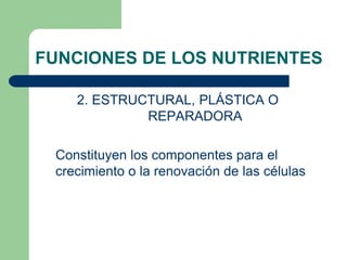 FUNCIONES DE LOS NUTRIENTES
2. ESTRUCTURAL, PLÁSTICA O
REPARADORA
Constituyen los componentes para el
crecimiento o la renovación de las células
 