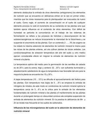Rigoberto Hernández Jiménez                          Materia: nutrición vegetal
Tema: interpretación de análisis de suelo            Semestre: VI

elemento obstaculiza la entrada de otros elementos (antagonismo) los elementos
de nutrición que se encuentra en deficiencia entran en la raíz en primer orden,
mientras que los iones necesarios para la plantapueden ser evacuados de nuevo
al suelo. Como regla, el aumento de concentración en el suelo de cualquier
elemento provoca no solo el incremento de su contenido en las plantas sino que
también ejerce influencia en el contenido de otros elementos. Con déficit de
humedad se perturba la concordancia en el trabajo de los sistemas de
fermentación se refiere a los procesos de hidrolisis y descomposición de las
substanciaorgánicas se reduce bruscamente la intensidad de la fotosíntesis y se
suspende el crecimiento de las plantas. Con un contenido 2 ….. 3% de oxigeno se
ha notado la máxima adsorción de elementos de nutrición mineral lo mismo para
las raíces de las plantas enteras, así ara cultivar plantas de raíces asiladas. Las
condicionesoptimas de aireación temperatura del aire del suelo (u otro medio)
ejercen considerable efecto en mejorar la entrada de elementos de nutrición
mineral a la planta.

La temperatura optima del medio para la germinación de las semillas de cebada
es de 20°c; para la avena, trigo y centeno 32…33°c: con suficiente iluminación y
abastecimiento satisfactoria de agua la temperatura mas favorable del aire para la
mayoría la planta se encuentra los 15 y 30°c.

A bajas temperaturas (10….10°c) se dificulta el aprovechamiento del fosforo para
las plantas. Con temperatura mas bajas de 5…..6°c se empeora la entrada de
nitrógeno de nitratos..de este modo en condiciones de nutrición mineral optima la
temperatura cerca de 5….6°c es la critica para la entrada de los elementos
fundamentales de nutrición mineral a las plantas el mantenimiento de las plantas
durante un prolongado tiempo en obscuridad conduce ala completa suspensión de
entrada de elementos de nutrición mineral. En la practica le deficiencia de Mn y
Zn se revela mas frecuente en los suelos de carbonatos.

Influencia de los microrganismos del suelo en la adsorción de elementos de
nutrición mineral
 