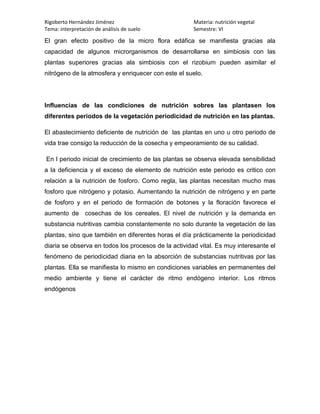 Rigoberto Hernández Jiménez                           Materia: nutrición vegetal
Tema: interpretación de análisis de suelo             Semestre: VI

El gran efecto positivo de la micro flora edáfica se manifiesta gracias ala
capacidad de algunos microrganismos de desarrollarse en simbiosis con las
plantas superiores gracias ala simbiosis con el rizobium pueden asimilar el
nitrógeno de la atmosfera y enriquecer con este el suelo.




Influencias de las condiciones de nutrición sobres las plantasen los
diferentes periodos de la vegetación periodicidad de nutrición en las plantas.

El abastecimiento deficiente de nutrición de las plantas en uno u otro periodo de
vida trae consigo la reducción de la cosecha y empeoramiento de su calidad.

En l periodo inicial de crecimiento de las plantas se observa elevada sensibilidad
a la deficiencia y el exceso de elemento de nutrición este periodo es critico con
relación a la nutrición de fosforo. Como regla, las plantas necesitan mucho mas
fosforo que nitrógeno y potasio. Aumentando la nutrición de nitrógeno y en parte
de fosforo y en el periodo de formación de botones y la floración favorece el
aumento de cosechas de los cereales. El nivel de nutrición y la demanda en
substancia nutritivas cambia constantemente no solo durante la vegetación de las
plantas, sino que también en diferentes horas el día prácticamente la periodicidad
diaria se observa en todos los procesos de la actividad vital. Es muy interesante el
fenómeno de periodicidad diaria en la absorción de substancias nutritivas por las
plantas. Ella se manifiesta lo mismo en condiciones variables en permanentes del
medio ambiente y tiene el carácter de ritmo endógeno interior. Los ritmos
endógenos
 