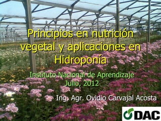Principios en nutrición
vegetal y aplicaciones en
       Hidroponía
 Instituto Nacional de Aprendizaje
            Julio, 2012

         Ing. Agr. Ovidio Carvajal Acosta
 