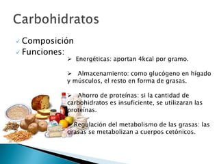  Composición
 Funciones:
            Energéticas: aportan 4kcal por gramo.

            Almacenamiento: como glucógeno en hígado
           y músculos, el resto en forma de grasas.

            Ahorro de proteínas: si la cantidad de
           carbohidratos es insuficiente, se utilizaran las
           proteínas.

            Regulación del metabolismo de las grasas: las
           grasas se metabolizan a cuerpos cetónicos.
 