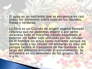    El agua es un nutriente que se encuentra en casi
    todos los alimentos sobre todo en los líquidos,
    frutas y verduras.
    La fibra es un Glúcido de origen vegetal llamado
    celulosa que no podemos digerir y por tanto
    atraviesa todo el intestino siendo expulsado al
    exterior sin haber sido utilizado por las células.
    En el hombre no actúa como nutriente porque no
    aporta nada a las células sin embargo es muy útil
    porque facilita el transporte de los residuos a lo
    largo del intestino evitando el estreñimiento. Se
    encuentra en los alimentos de los grupos: III, IV,
    V y VI.
 